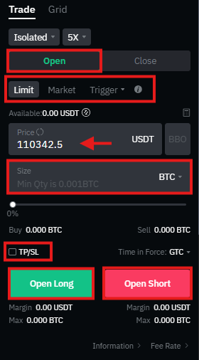 BitMart futures trading order panel