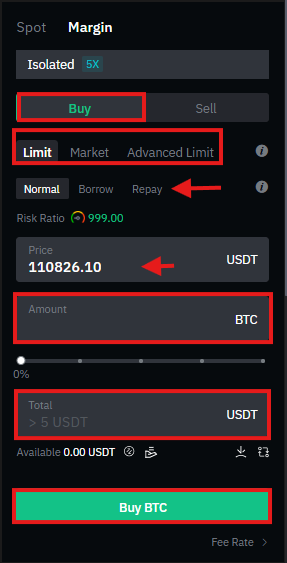 BitMart margin trading order panel