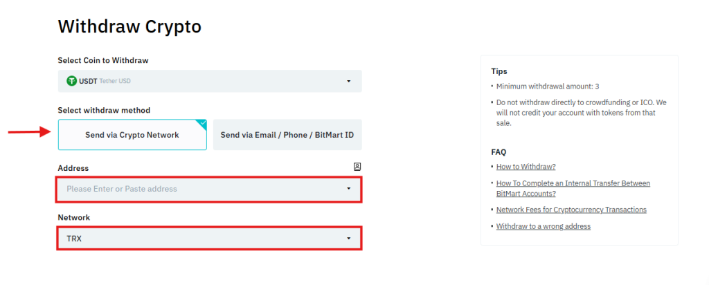 BitMart on-chain withdrawal page