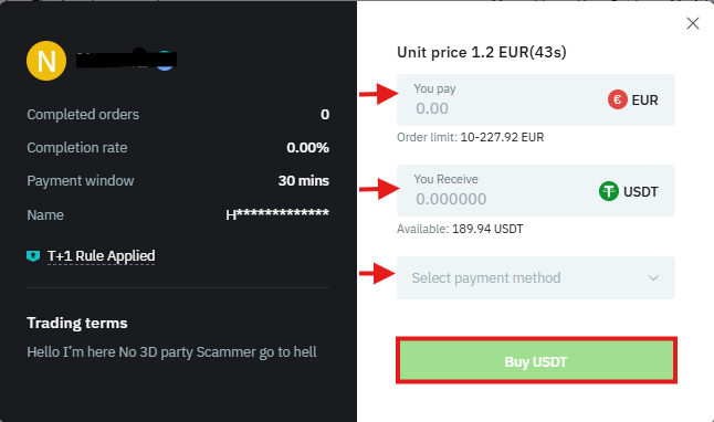 BitMart P2P order window