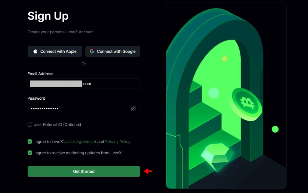 LeveX exchange Sign-up page