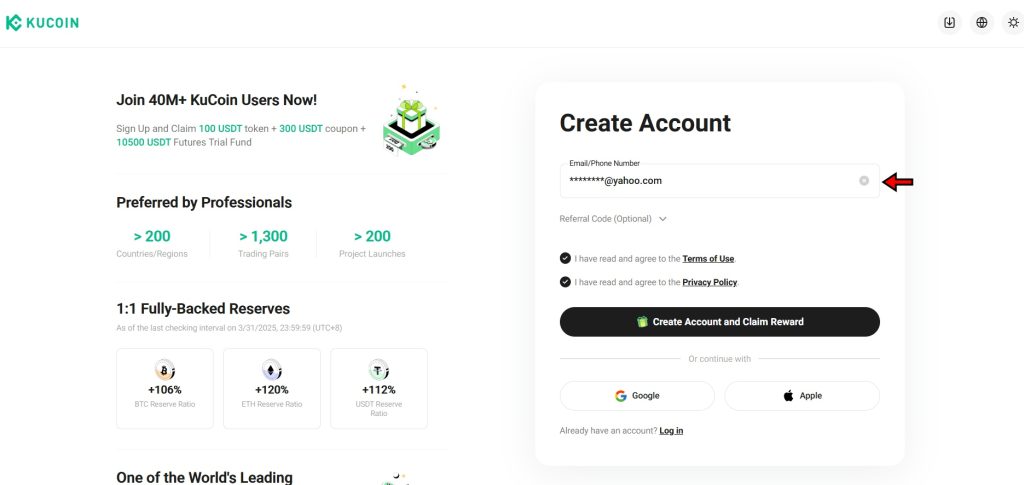 KuCoin Exchange Tutorial: Sign-up page