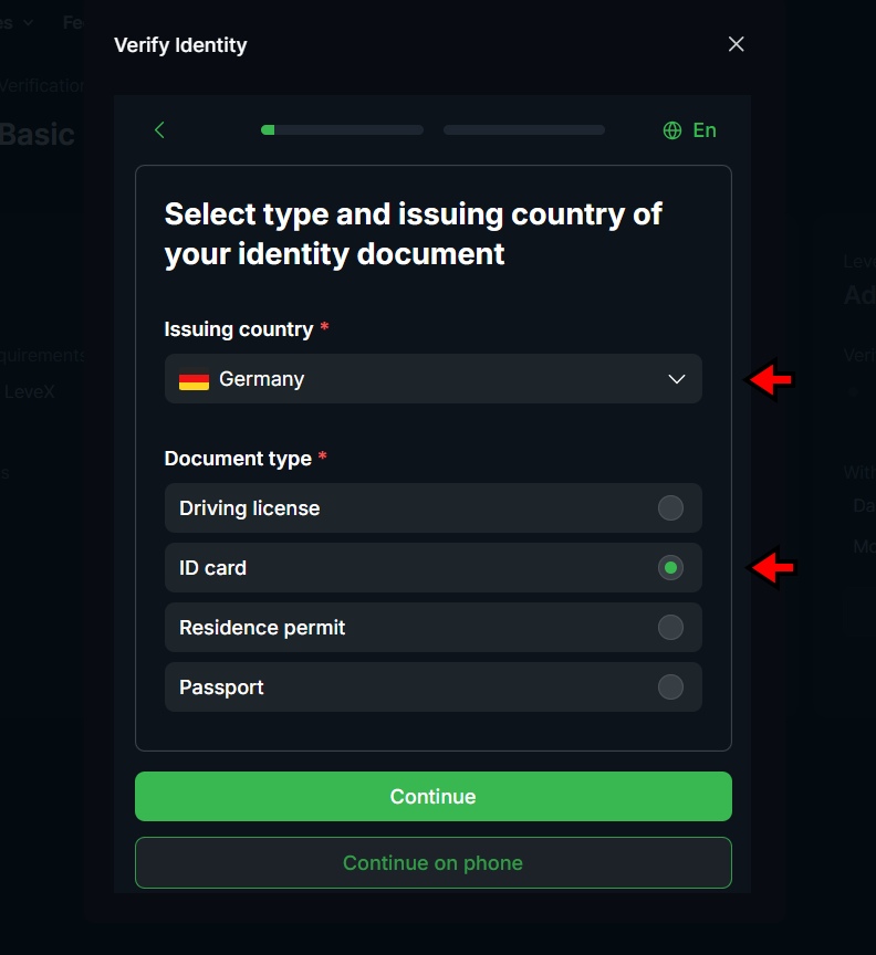 LeveX KYC: Choose country and select ID type