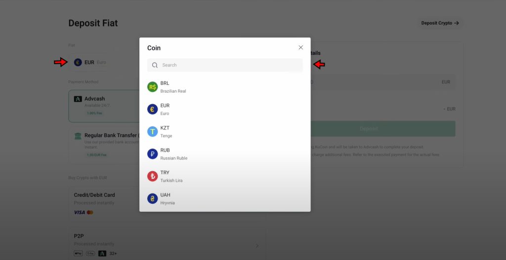 KuCoin Deposit Tutorial: Choose Fiat to deposit