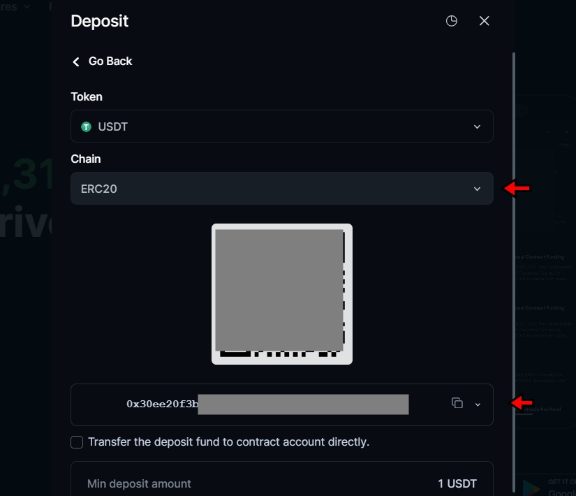 Choose network and copy address on LeveX exchange