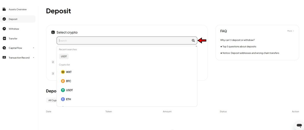 WEEX crypto selection on deposit tutorial