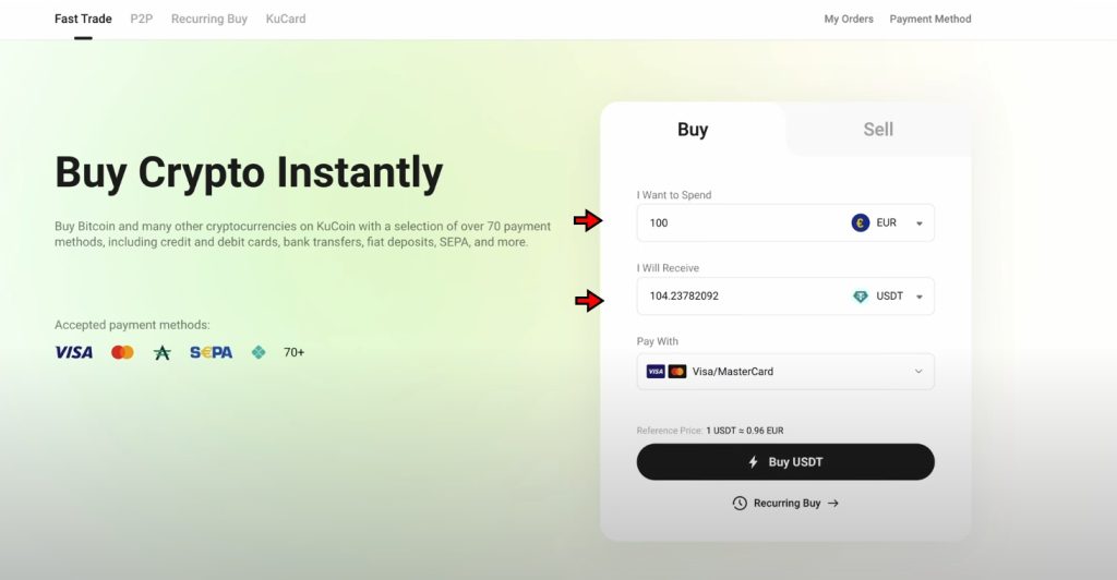 KuCoin Buy Crypto with Credit/Debit Cart Tutorial: Select currencies