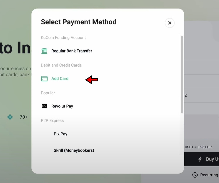 KuCoin Buy Crypto with Credit/Debit Cart Tutorial: Select payment method