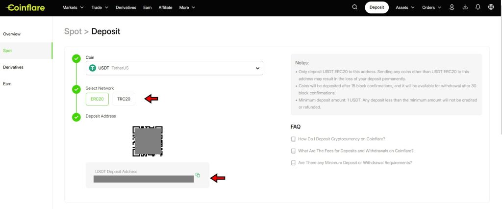 Coinflare Deposit Tutorial: Select Network and copy the wallet address