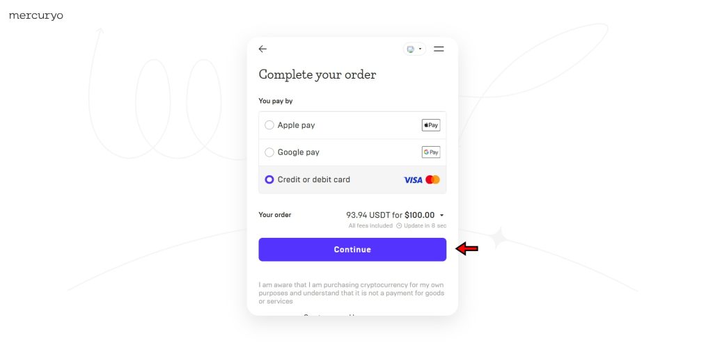 Complete transaction on Mercuryo