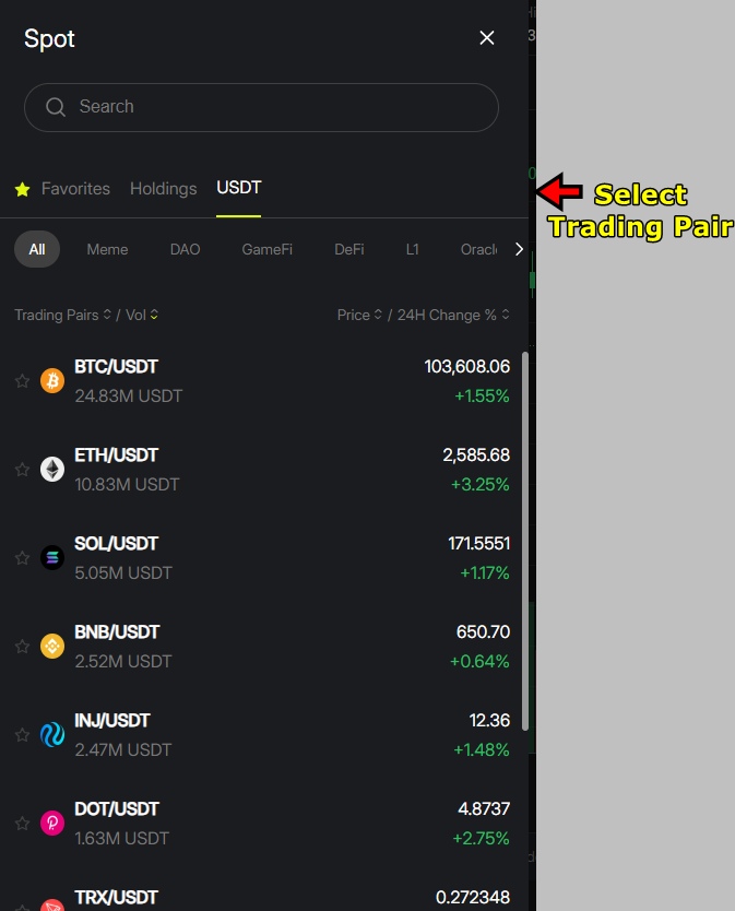 Coinflare Spot Trading Tutorial: Select trading pair