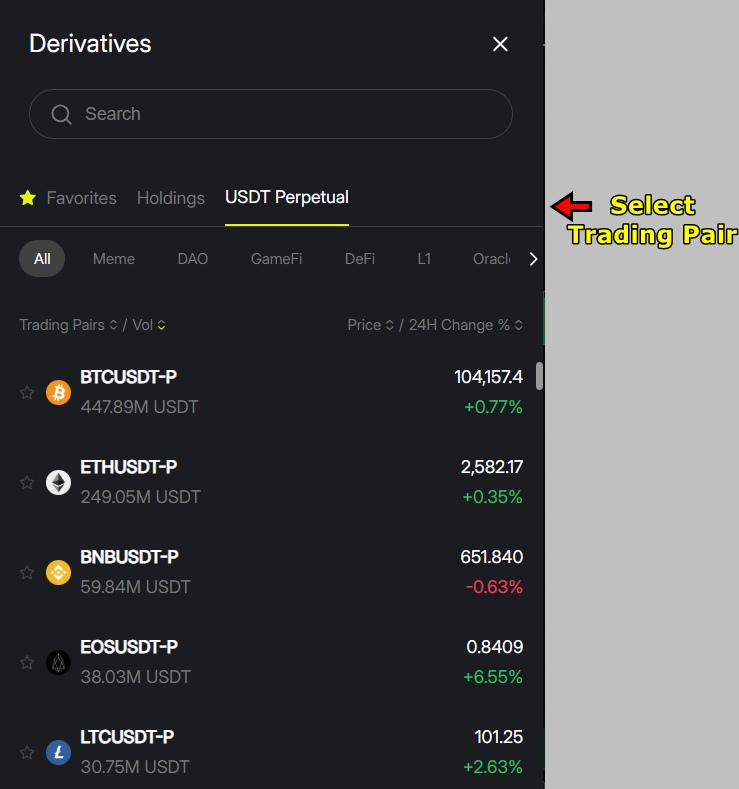 Coinflare Derivatives Trading Tutorial: Select trading pair