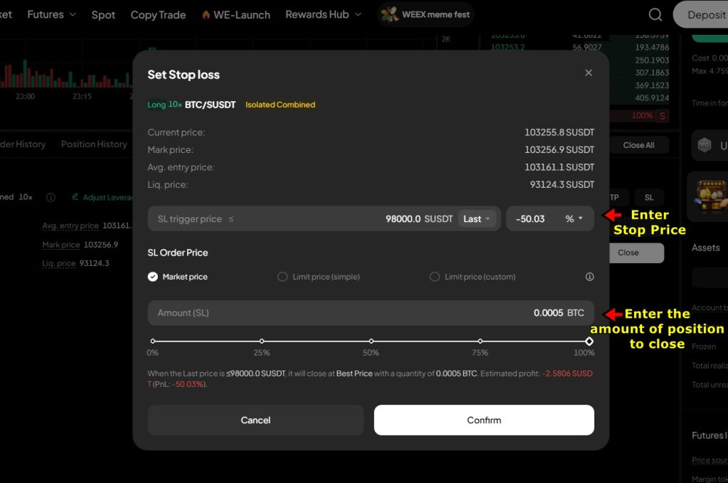 WEEX Futures Trading Tutorial: Add stop loss
