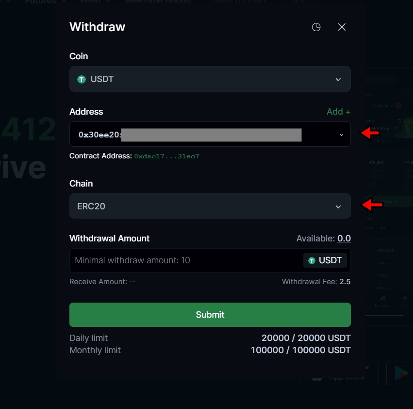 Choose network and paste wallet address on LeveX exchange