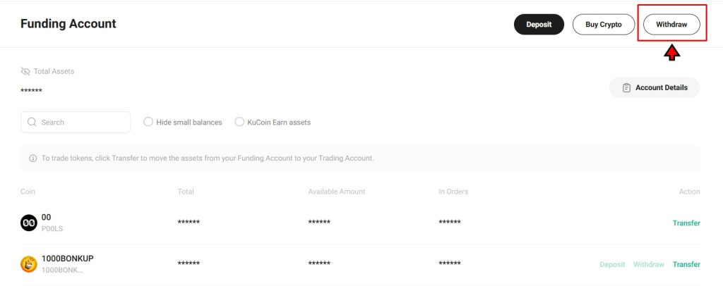 KuCoin Withdrawal Tutorial: Funding account page