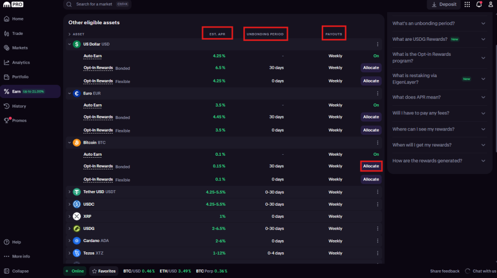 Kraken staking tutorial: select the assets