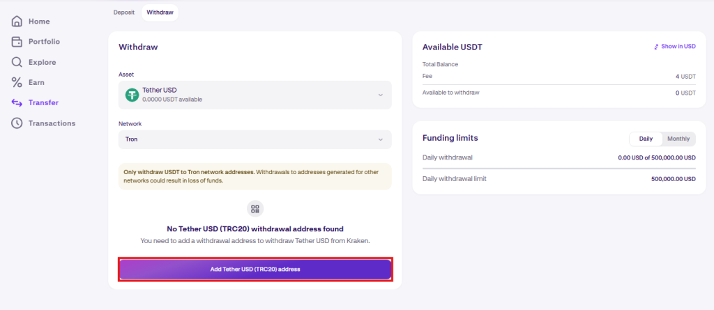 Kraken withdrawal Tutorial: Add the withdrawal network