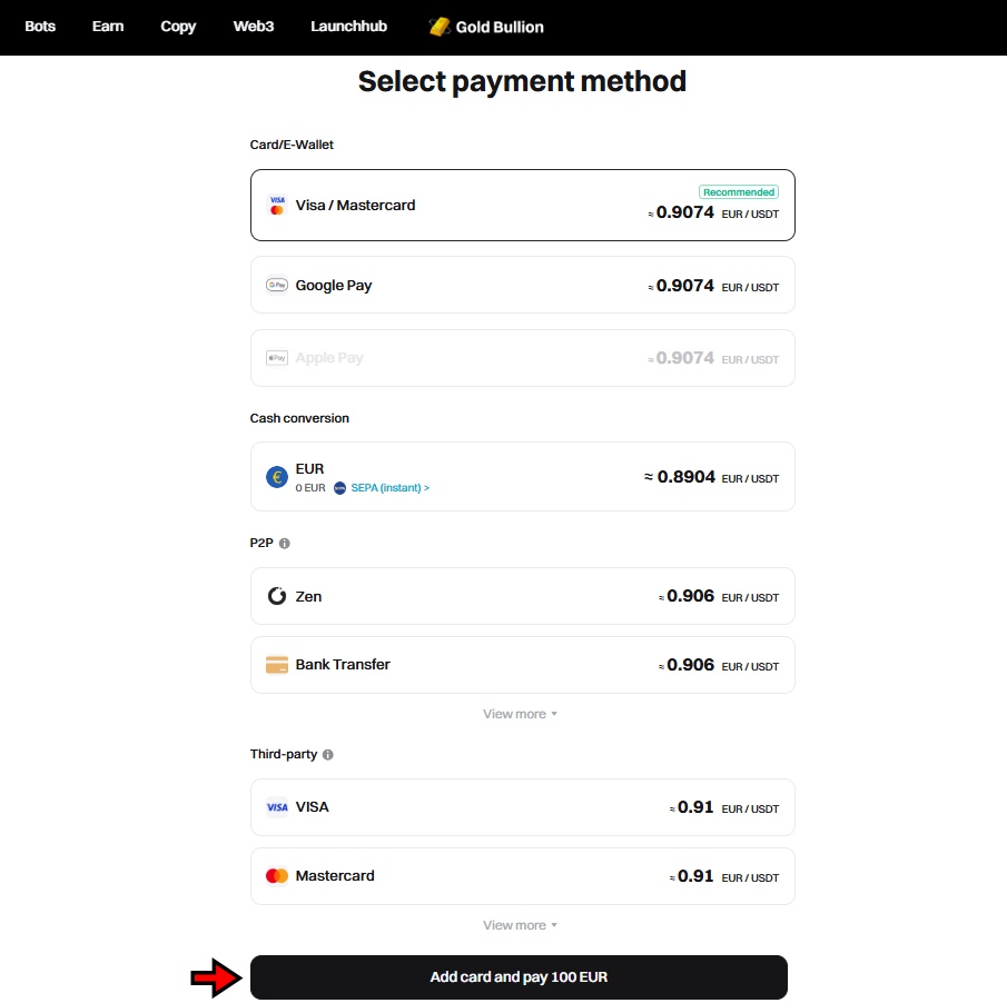 Bitget Buying Crypto Tutorial: Payment methods support