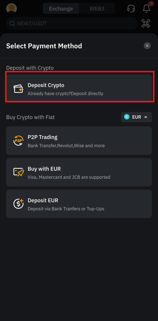 Bybit App Crypto deposit: crypto option