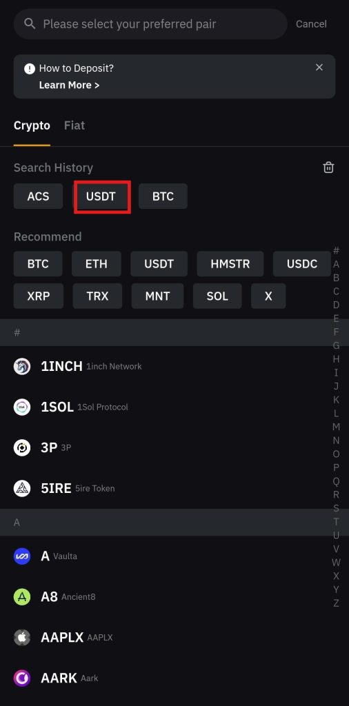 Bybit App Crypto deposit: Deposited cryptocurrency