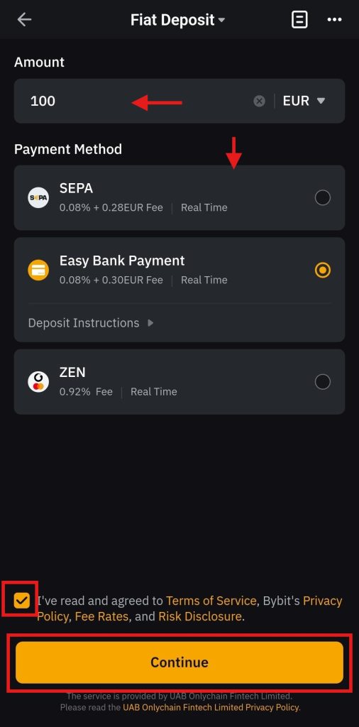Bybit App Fiat deposit: order page