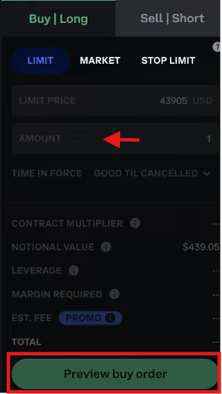Coinbase futures trading tutorial: order panel position