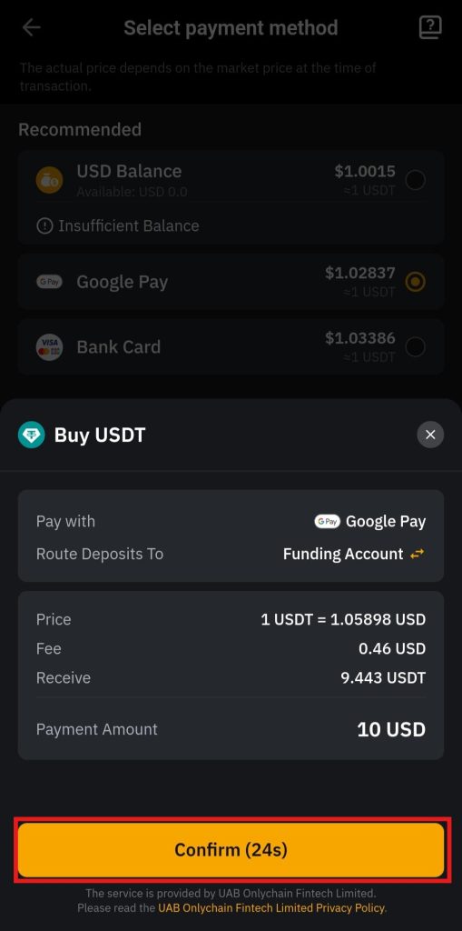 Bybit App One-click buy Tutorial: payment onfirmation