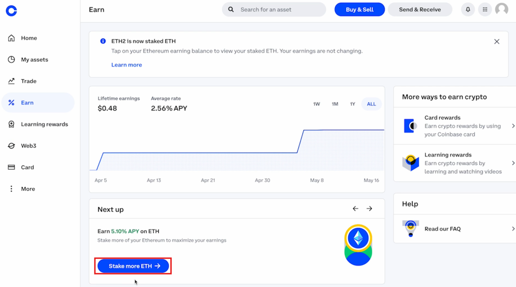 Coinbase staking tutorial: select cryptocurrency