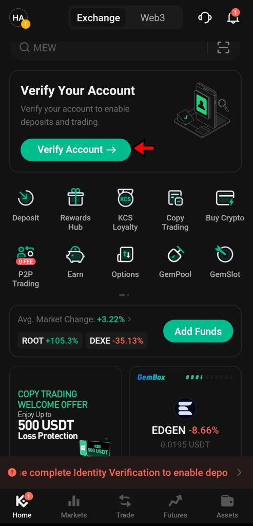 KuCoin App Tutorial: home screen