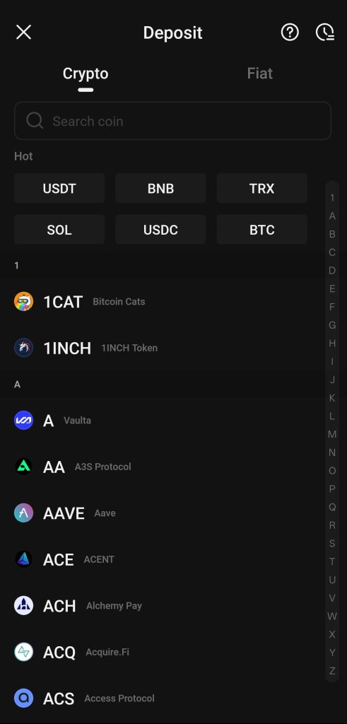 KuCoin App Crypto Deposit Tutorial: Choose cryptocurrency