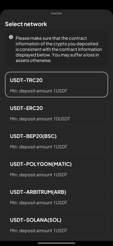 WEEX APP Crypto Deposit Tutorial: Select network type