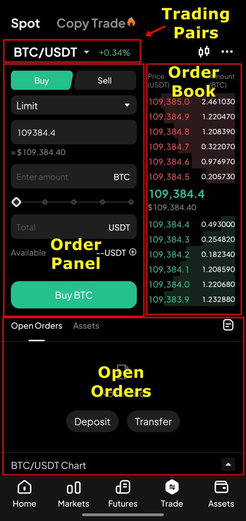 WEEX app Spot Trading Tutorial: interface