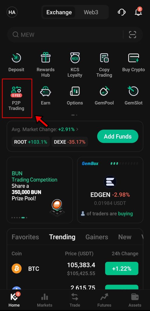 KuCoin App P2P Tutorial: home screen