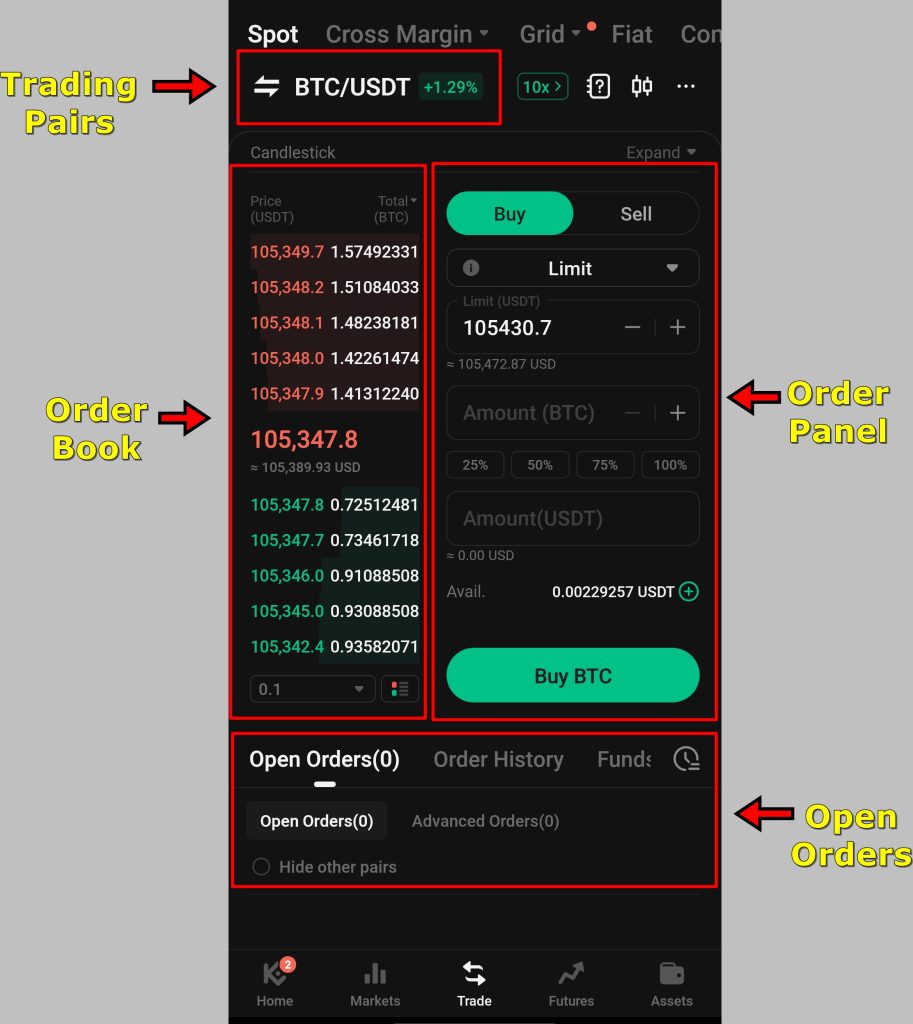 KuCoin App Spot trading interface