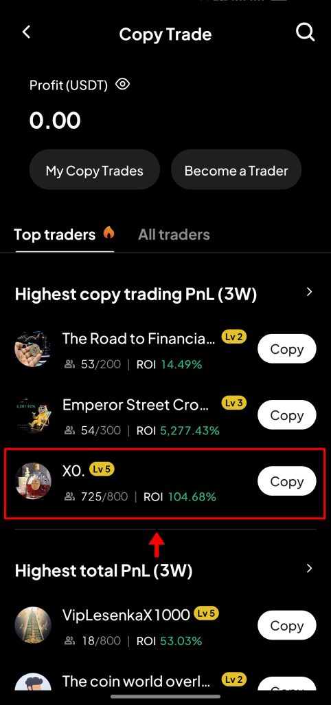 WEEX App Copy trading Tutorial: Select a lead trader to follow