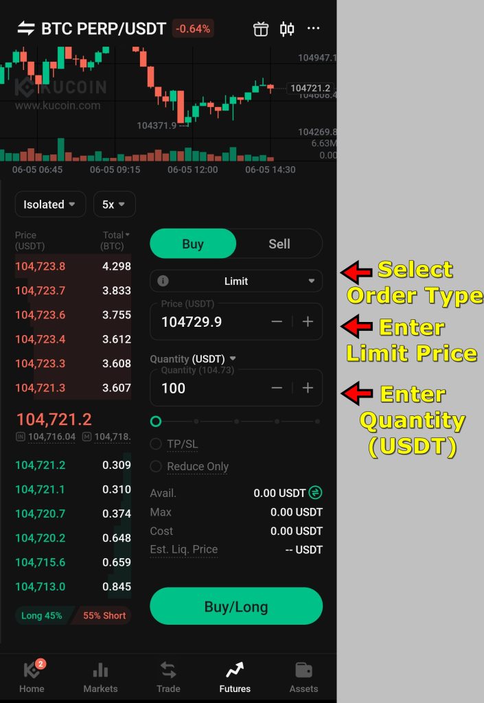 KuCoin App Futures Trading Tutorial: Fill-in order panel