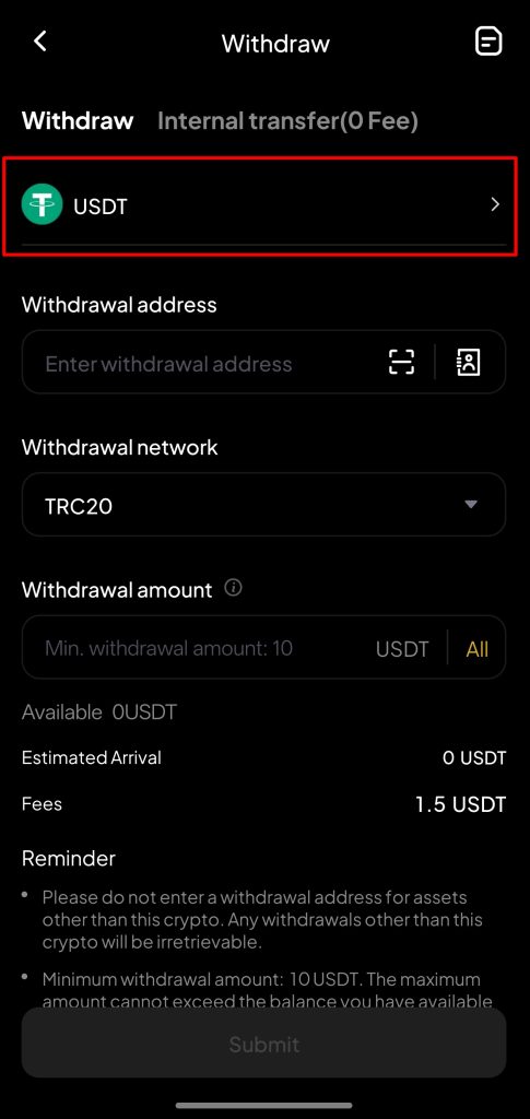 WEEX App Withdrawal Tutorial: Select crypto to withdraw