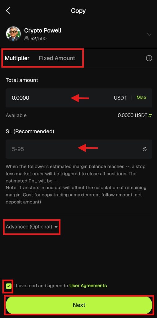 Bitunix Copy trading App Tutorial: Copy trading form