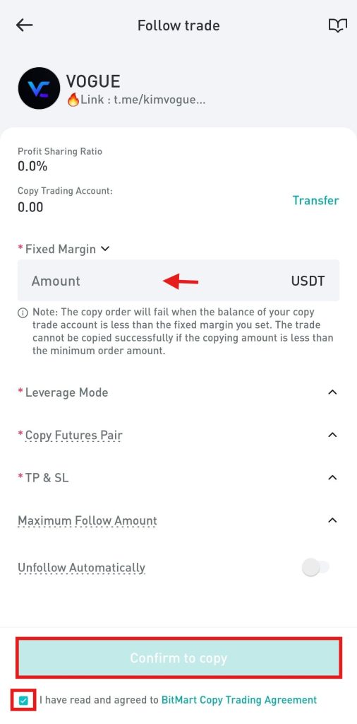 BitMart App Copy Trading Tutorial: Copy trading order form