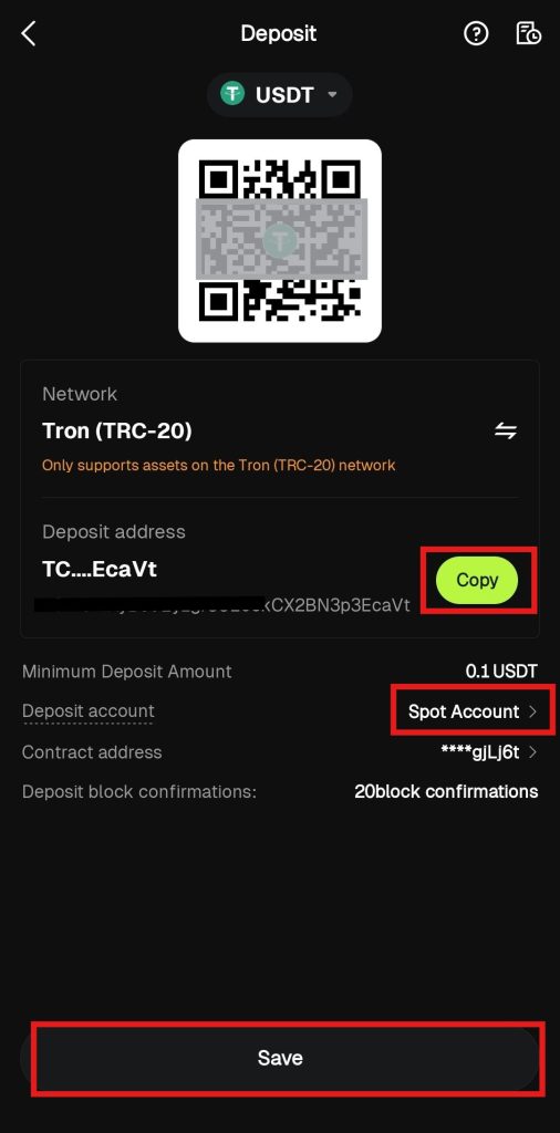 Bitunix App Crypto Deposit Tutorial: Deposit address screen