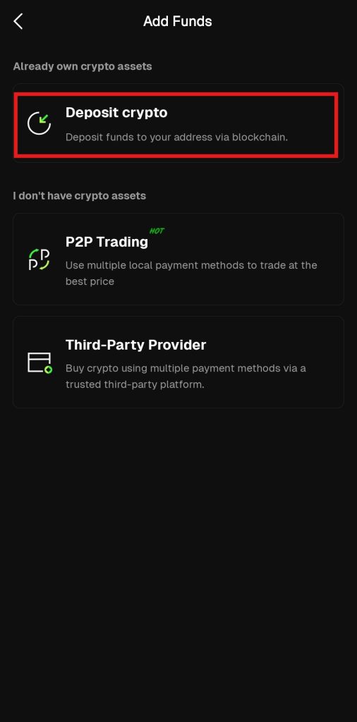 Bitunix App Crypto Deposit Tutorial: Select method