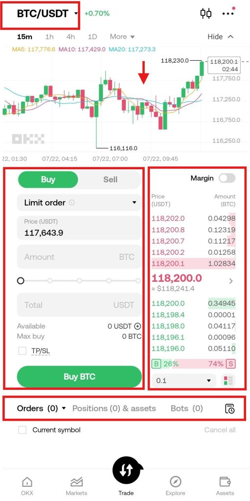 OKX App Spot trading Tutorial: interface