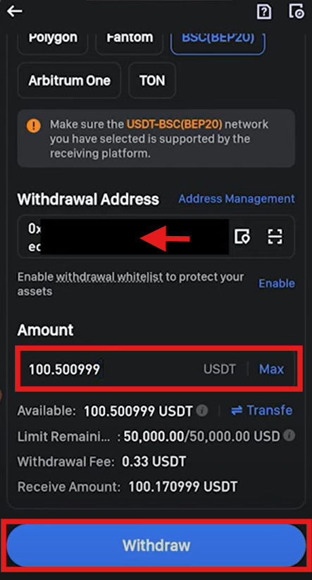 Bitunix App Crypto withdrawal Tutorial: Select the Withdrawal amount