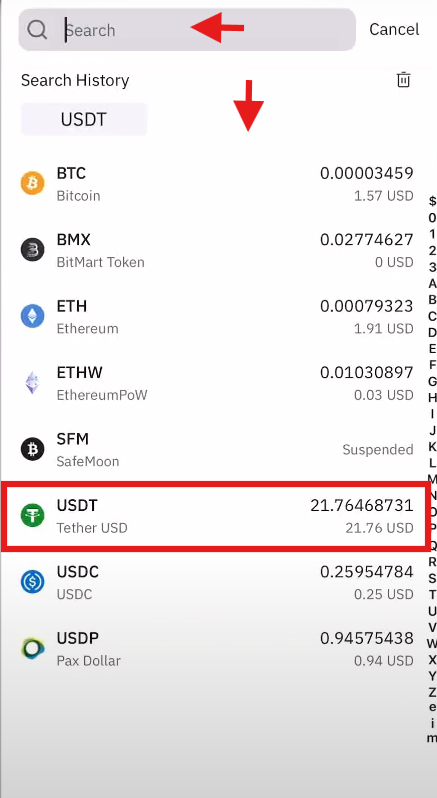 BitMart App Withdrawal Tutorial: Select cryptocurrency