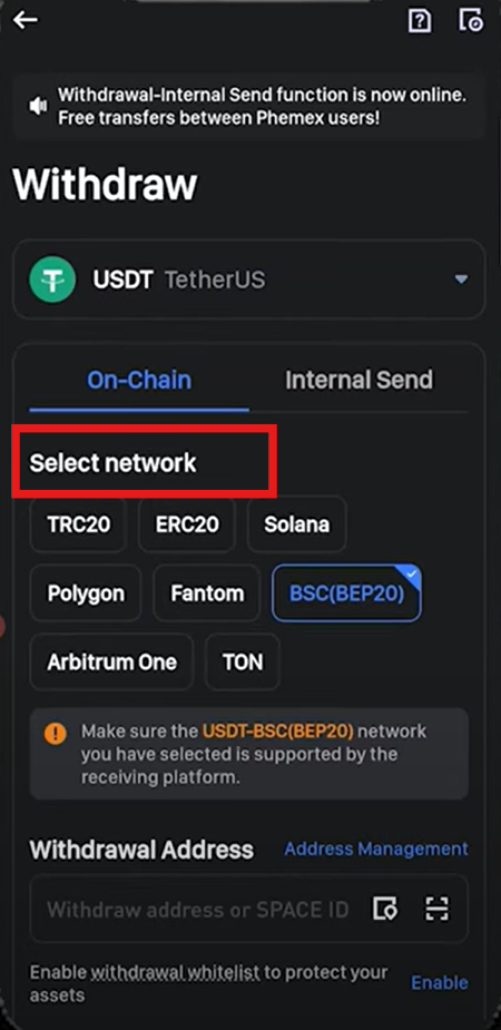 Bitunix App Crypto withdrawal Tutorial: Select the Withdrawal network