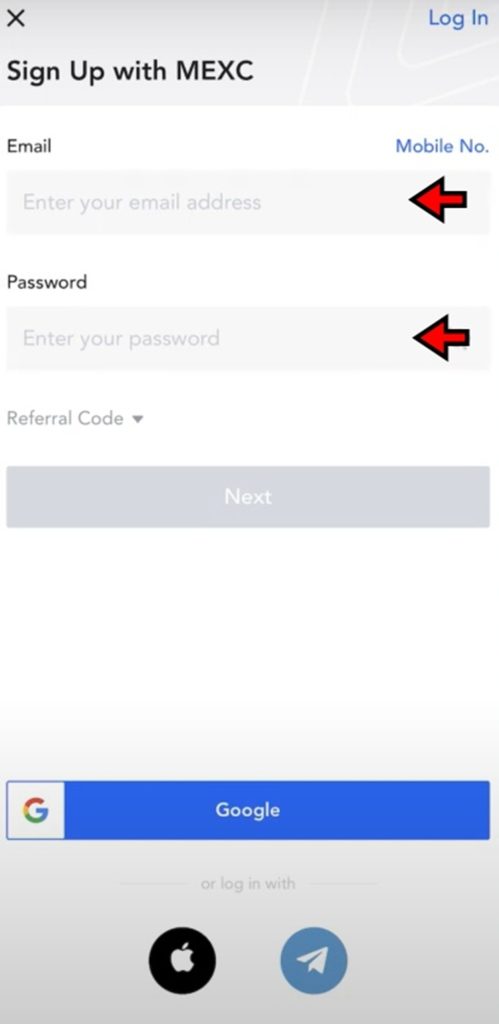 MEXC App Tutorial: Enter email and password