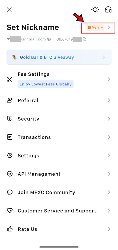 MEXC App KYC Tutorial: Go to the verification screen