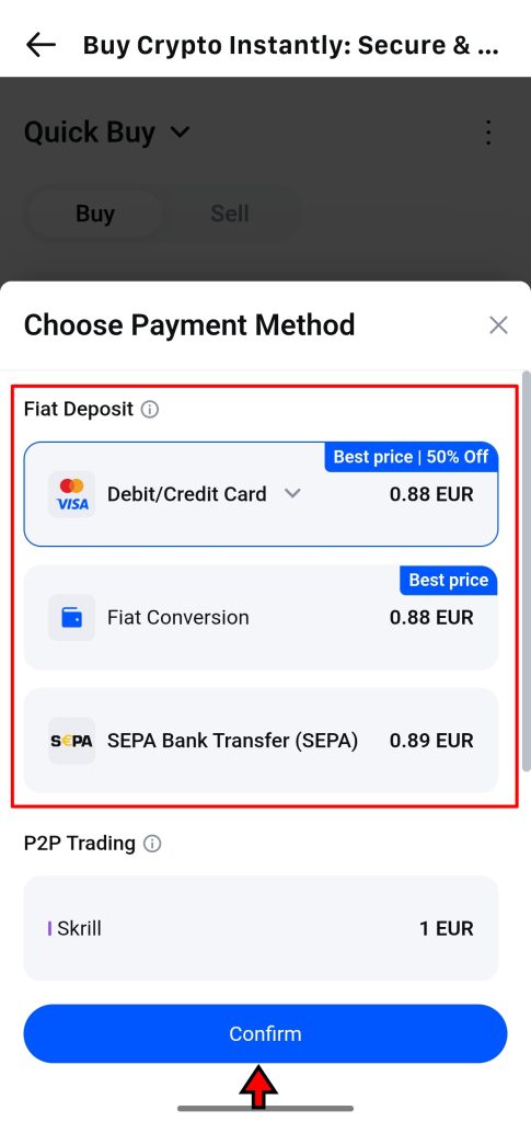 MEXC App Deposit Tutorial: Select payment methods
