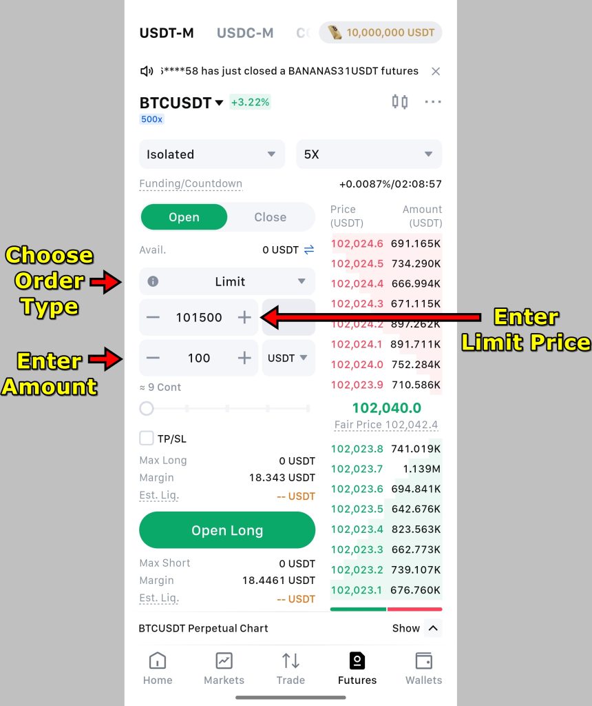 MEXC App Futures Trading Tutorial: trade setup