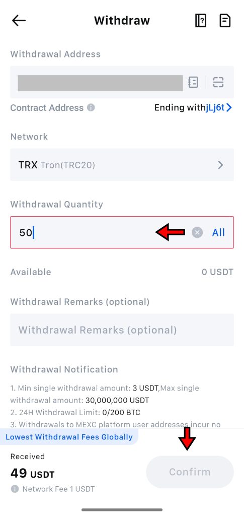 MEXC App Withdrawal Tutorial: Enter amount